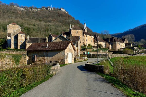 Baume-les-Messieurs village. Jura department of Franche-Comte. Baume-les-Messieurs is classified as one of the most beautiful villages of France